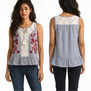 Entro Bohemian Style Navy & White Striped Blouse with Red Floral Accents Size L